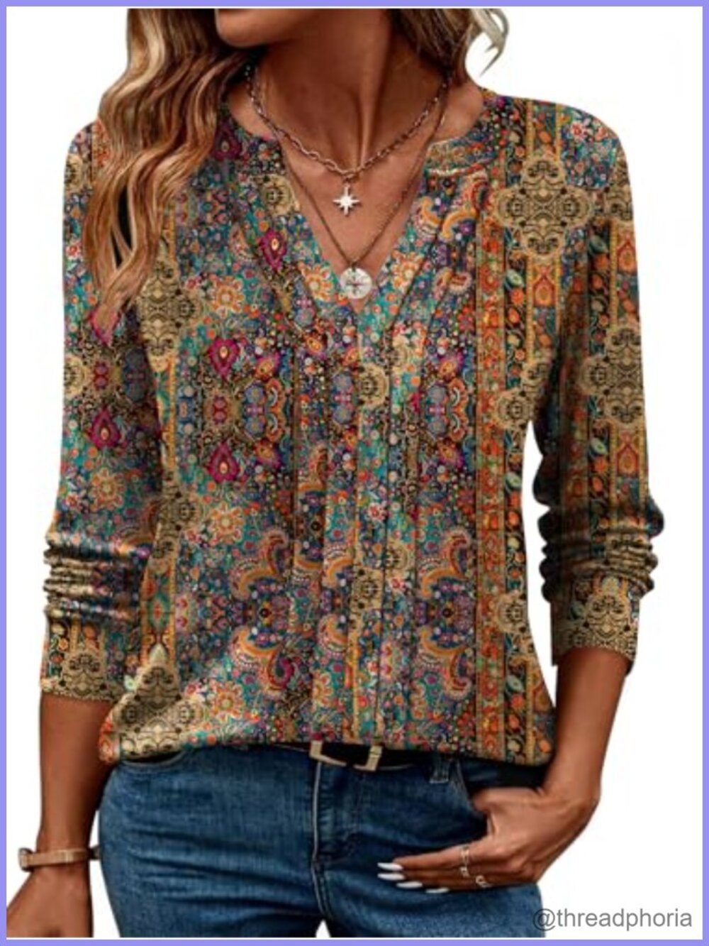 Women's Long Sleeve Henley V Neck Floral Tunic Blouse Pleated